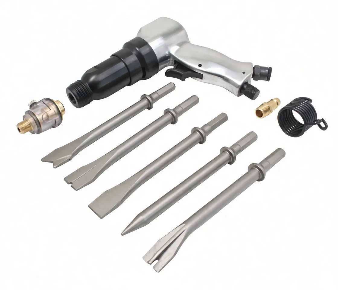 Air hammer and five chisels plus oiler, brass connector and coil spring laid out on white