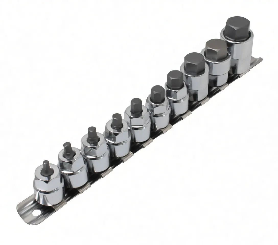 Hex bit sockets mounted on metal rail in a row, showing retention clips and mounting hole