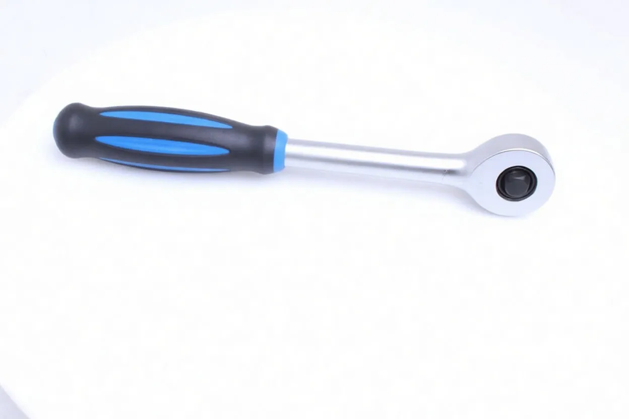 Side profile of a long rotary-handle ratchet showing the silver shaft, 1/2 inch square drive, and black-and-blue comfort handle.