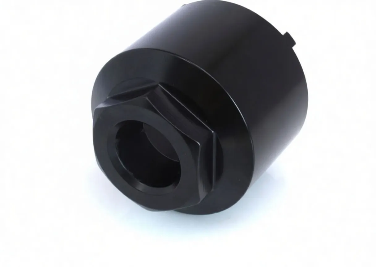 Three-quarter view of black socket showing hex drive end and central hollow bore