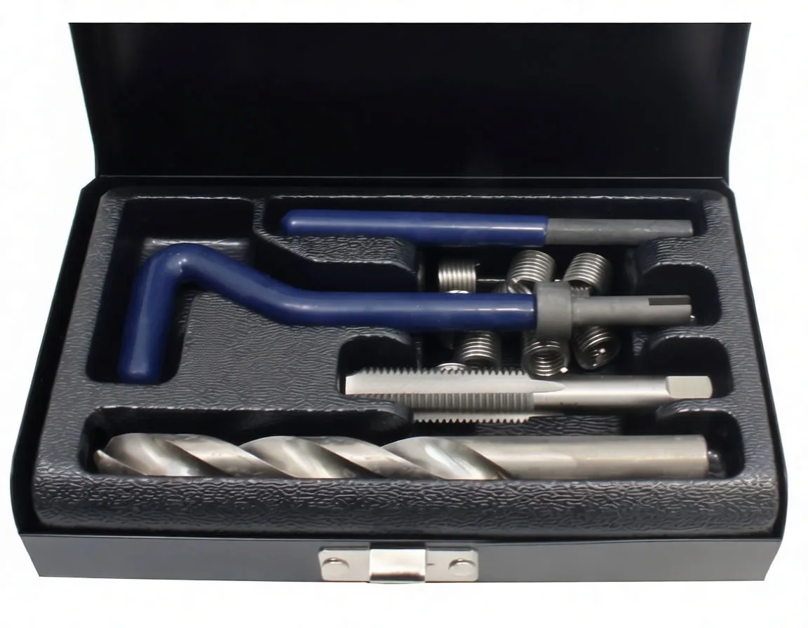 Top view of thread repair kit in black case with blue insertion tool, helicoils, tap, drill bit and 'M10 X 1.5' label