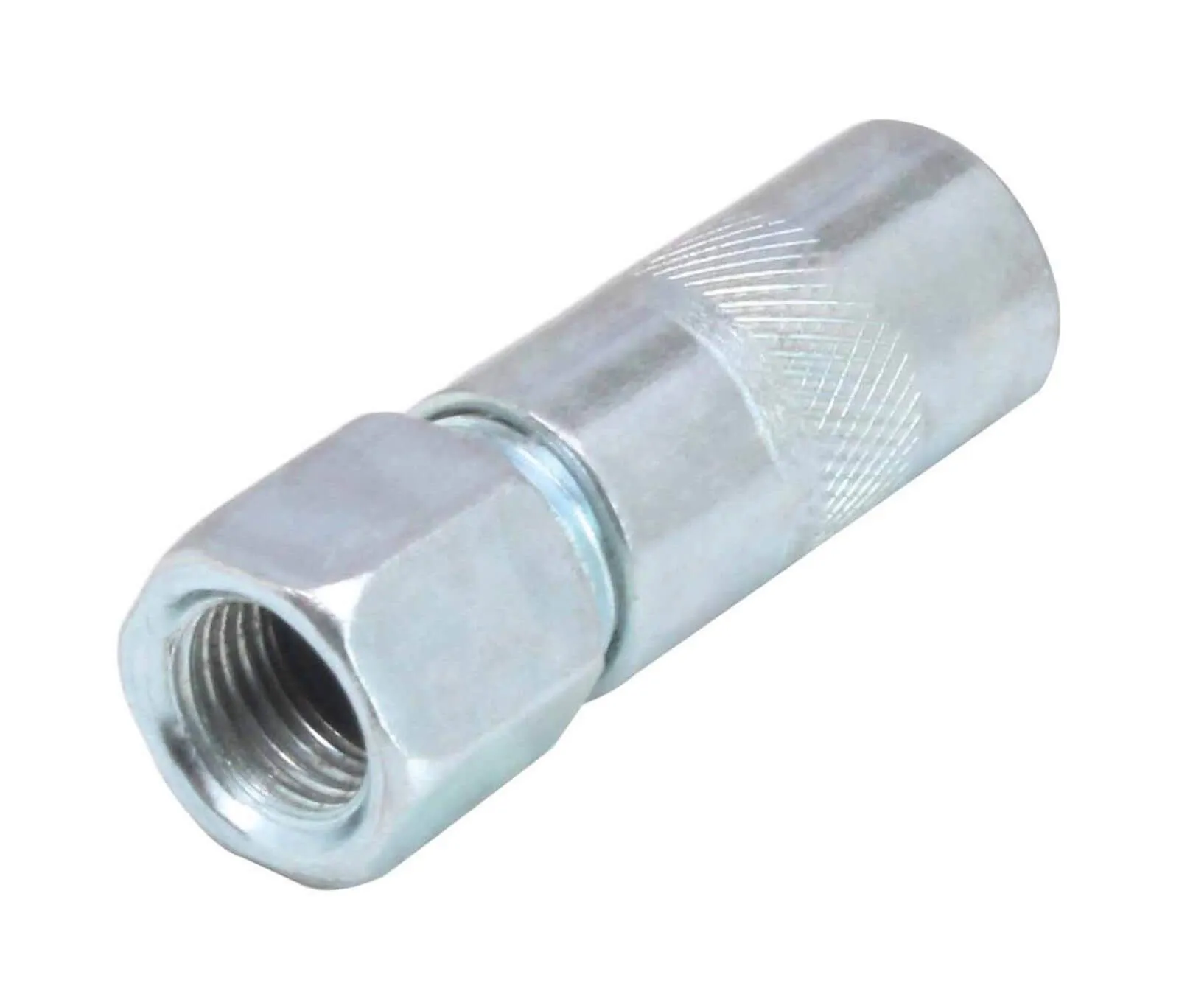 Angled shot of lubricating nipple showing hex nut with internal threads and knurled cylindrical body