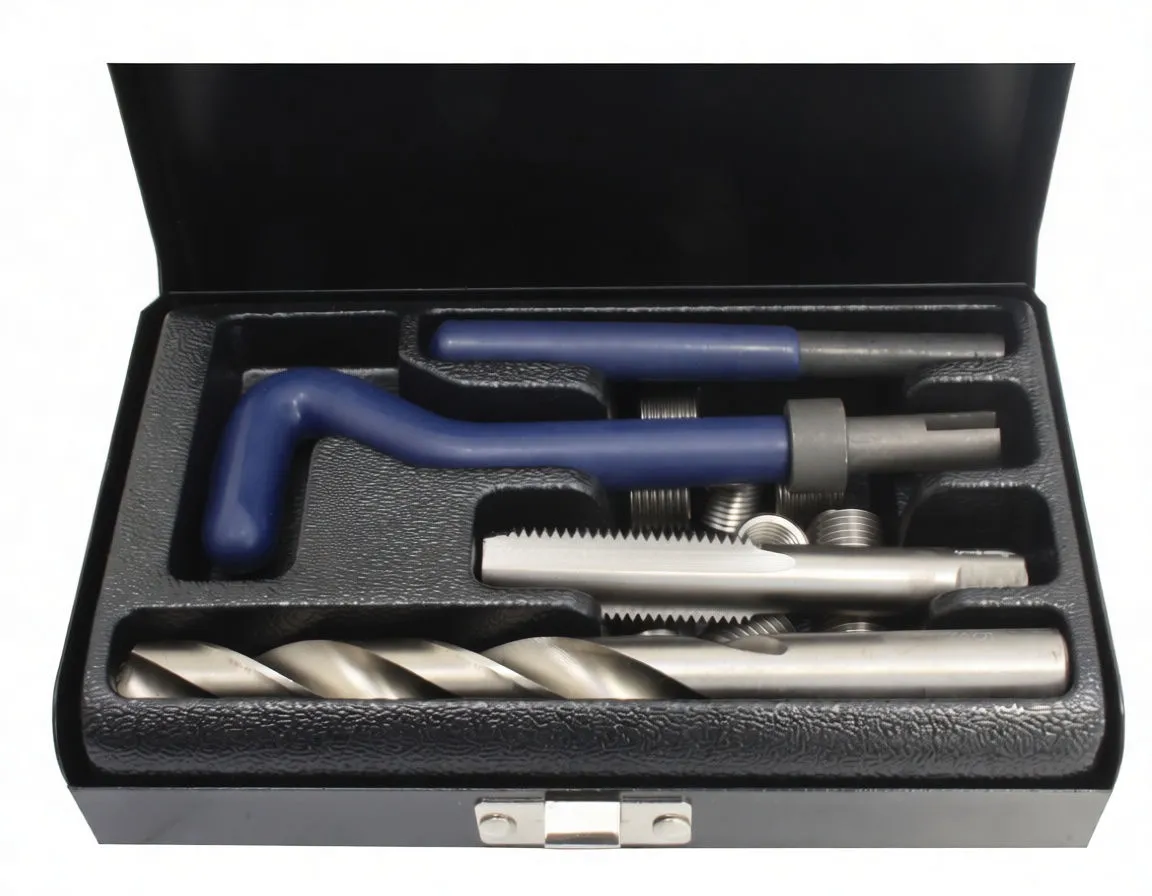 Close-up of thread repair components: drill, taps, helicoil inserts and blue insertion tools labeled M12 x 1.75