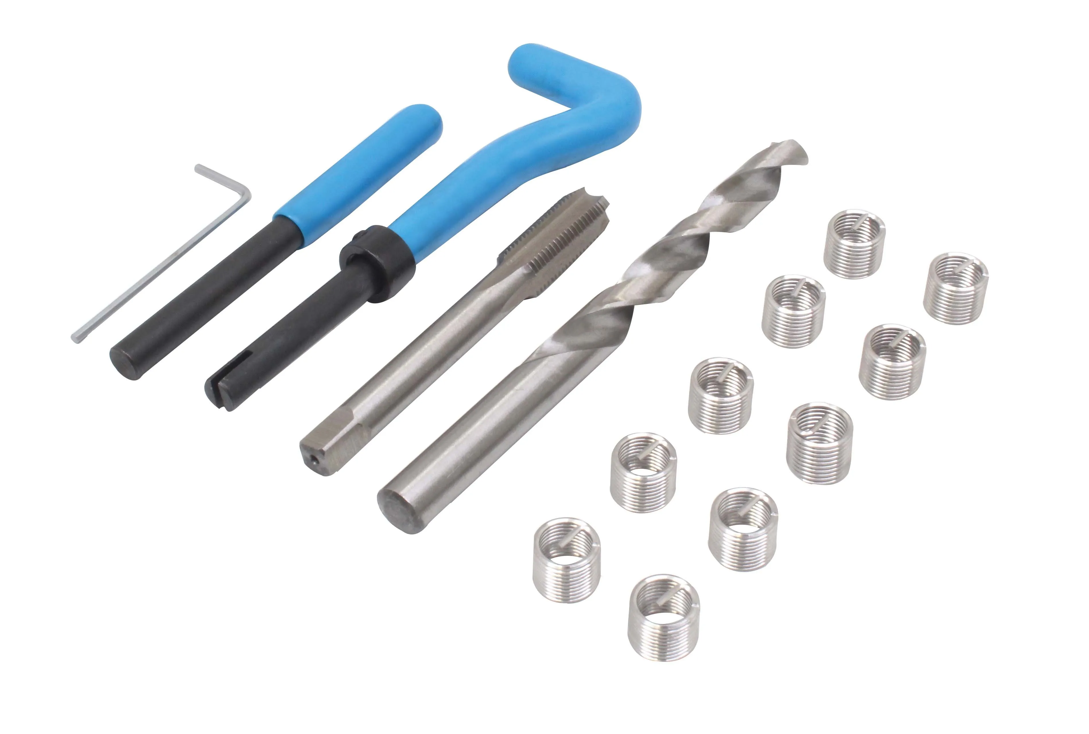 Drill, tap, blue-handled insertion tools, hex key and multiple stainless-steel coil thread inserts laid out