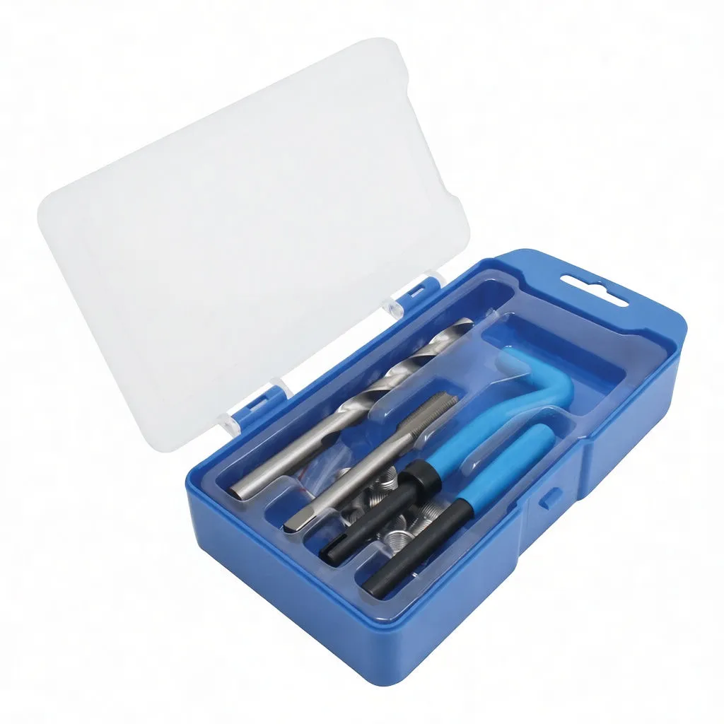 Angled open kit with drill bit, tap, two blue-handled insertion tools and coil inserts in molded case