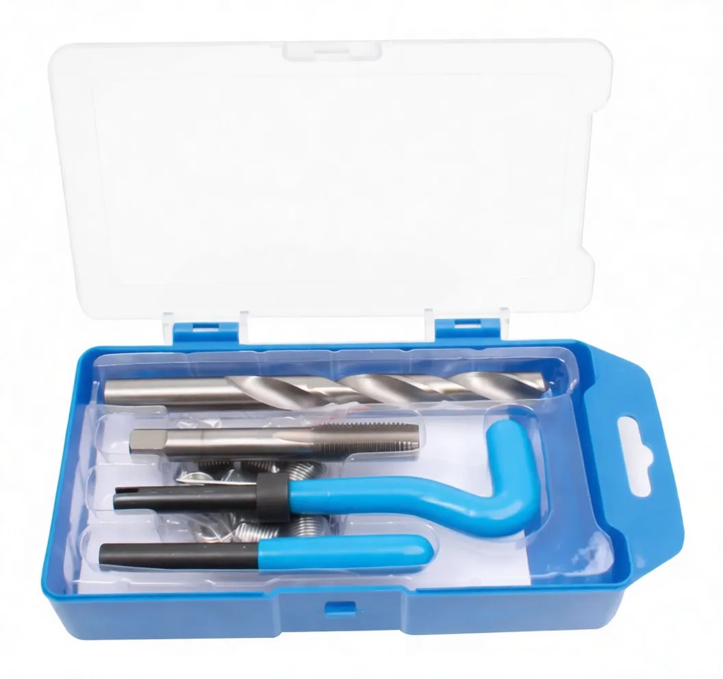 Blue plastic kit case open with drill, tap, blue-handled installation tools, and helicoil inserts visible inside
