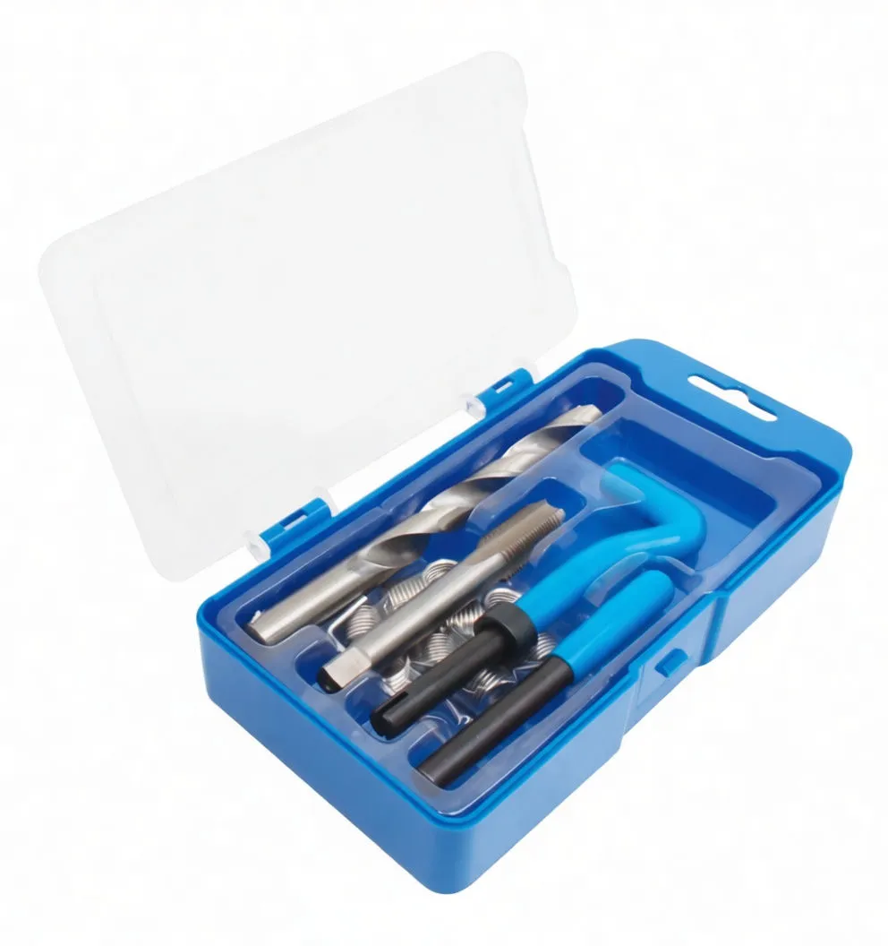 Angled open case view showing drill, tap, many coil inserts and blue-handled installation tools