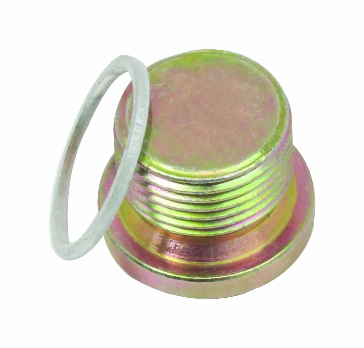 Top‑angled view of threaded drain plug with washer leaning against it