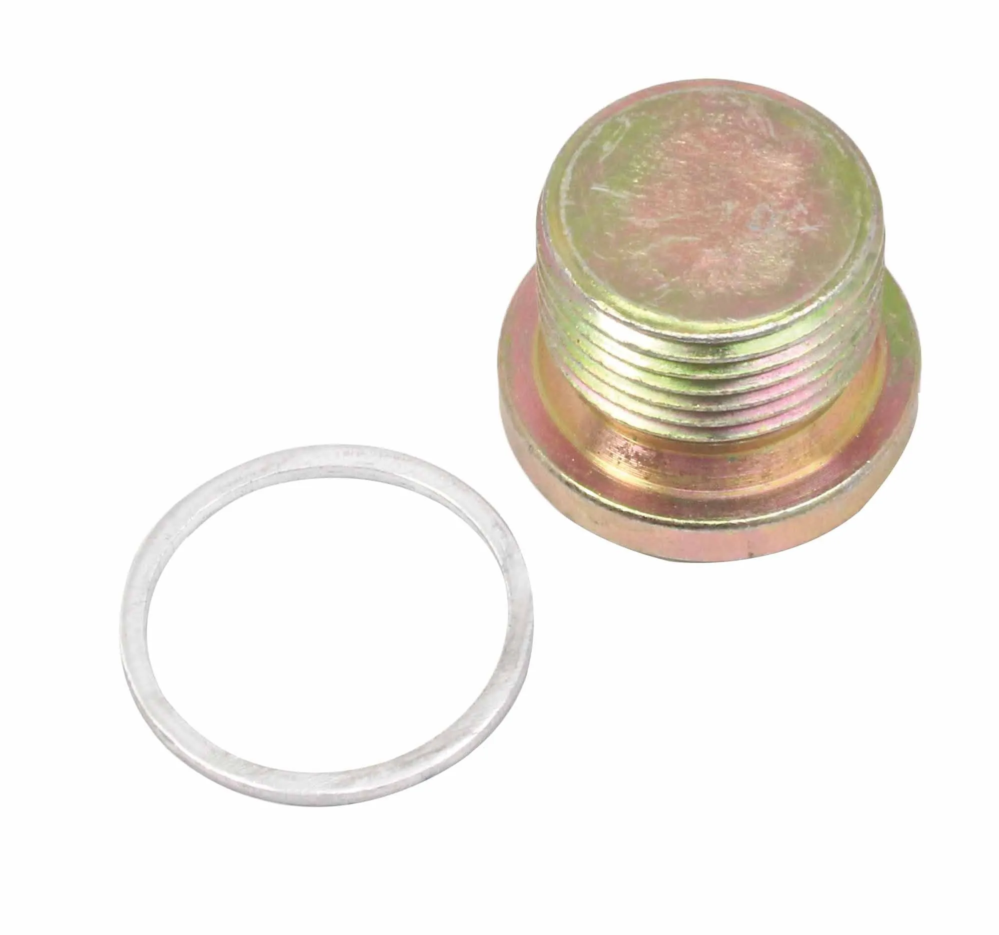 Flat angled image of threaded oil plug and circular sealing washer