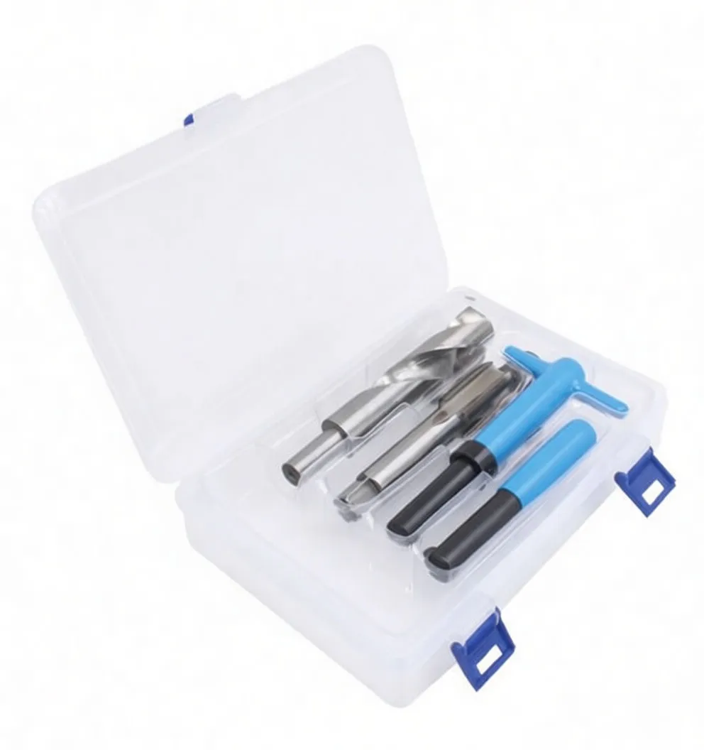 Angled view of open plastic case with drill, tap, blue T-handle and coil inserts for thread repair