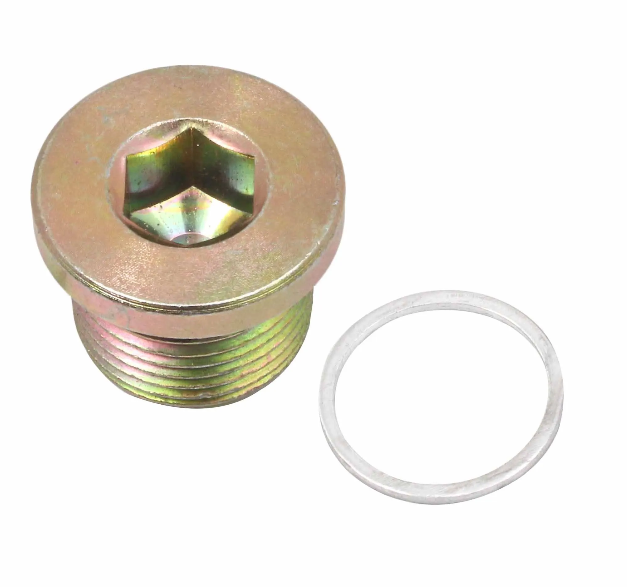 Top view of oil drain plug showing hex socket head and washer