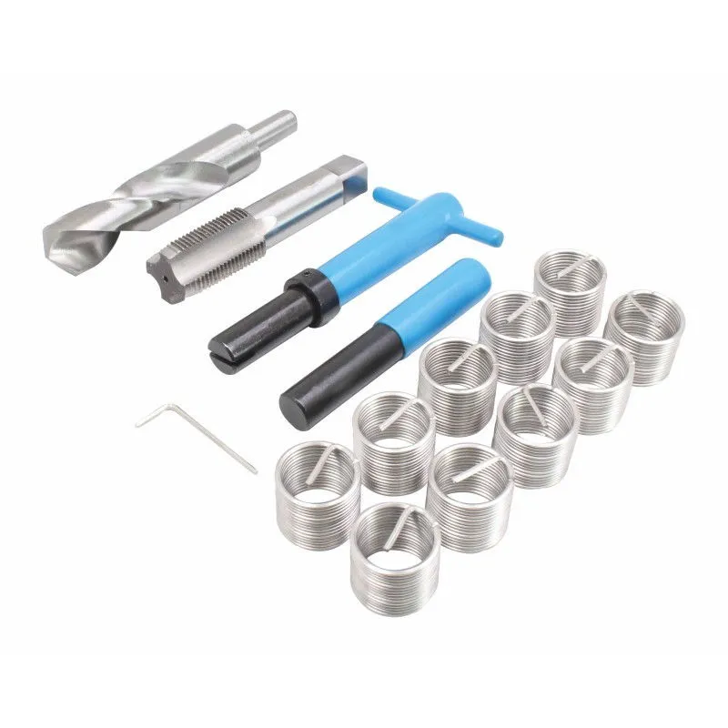 Thread repair kit components displayed: drill, tap, two blue-handled drivers, hex tang tool and multiple stainless helical inserts