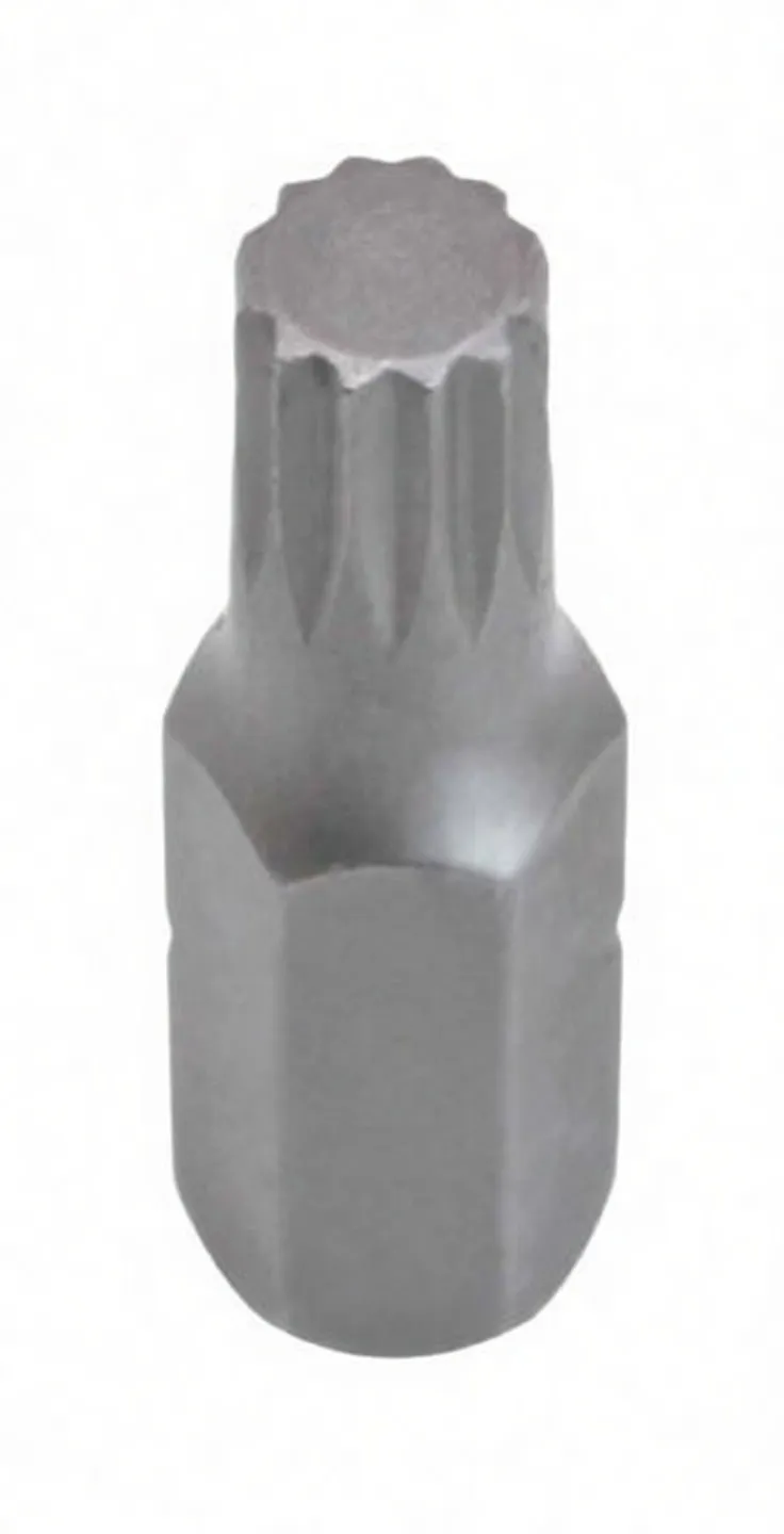 End-on view showing flat face and radial multi-spline tip with ASTA-marked hex shank