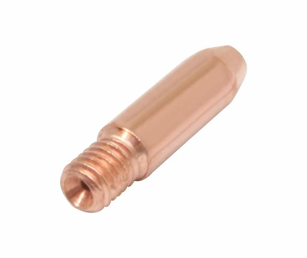 Rear view of copper welding contact tip showing M6 threads, internal bore and smooth shank