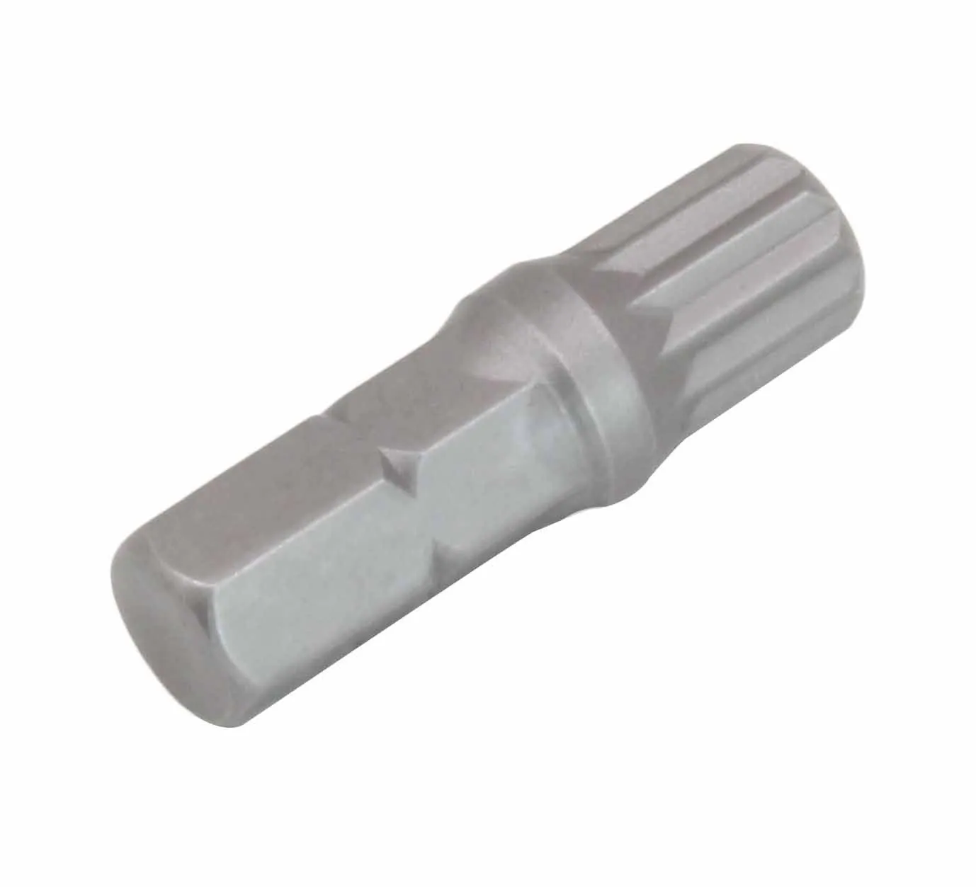 Side view of a steel multi‑spline bit showing hex shank, mid collar, and splined tip