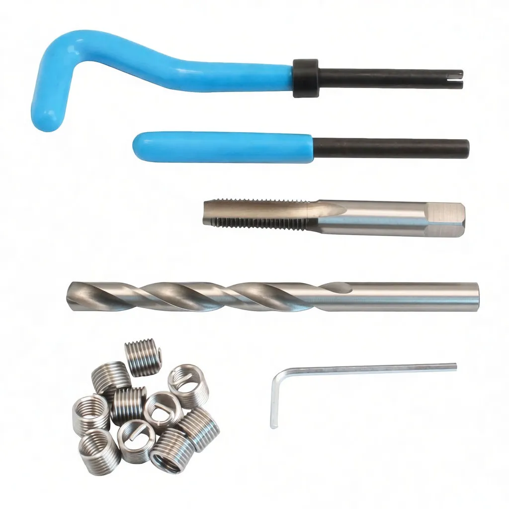 Top-down view of thread repair kit components: blue-handled insertion tools, tap, drill bit, coil thread inserts and Allen key on white background.