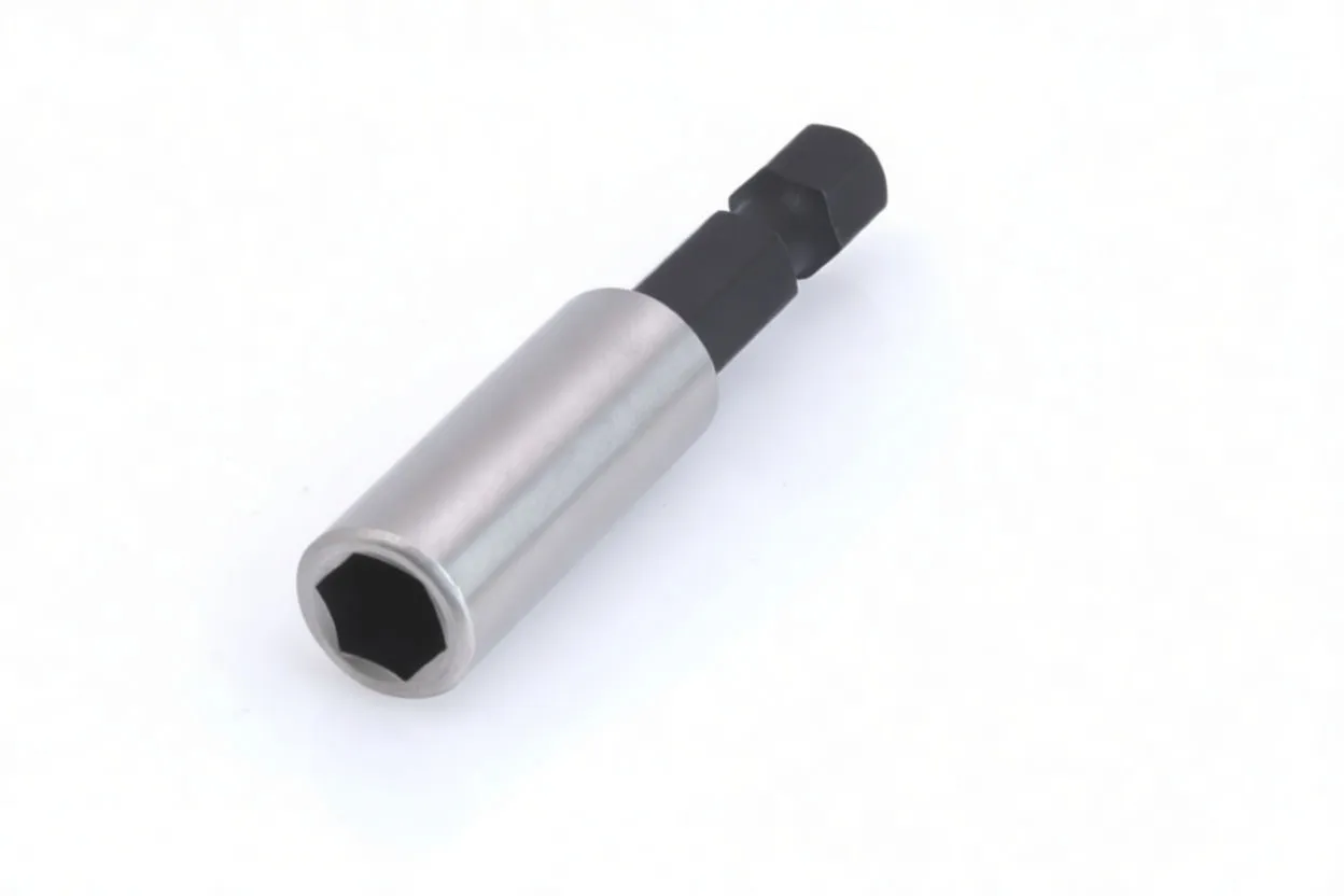 Top angled view of magnetic socket holder showing 6-point internal socket, silver sleeve and black hex shank