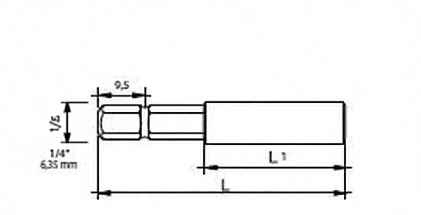 Technical diagram of magnetic holder with dimensions, label "MAGNES" and 1/4 inch (6.35 mm) hex end callouts