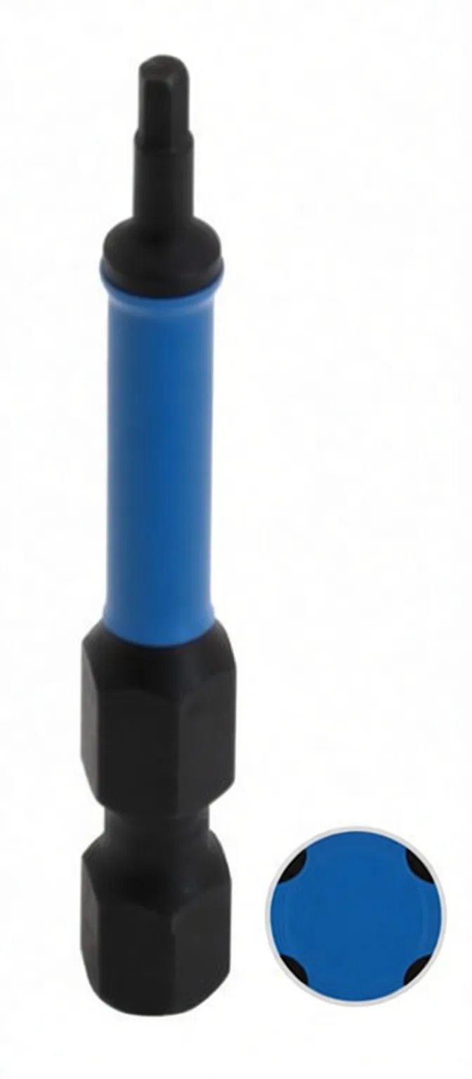 Angled product shot of hex2 50mm bit with blue ASTA sleeve and inset showing screw engagement