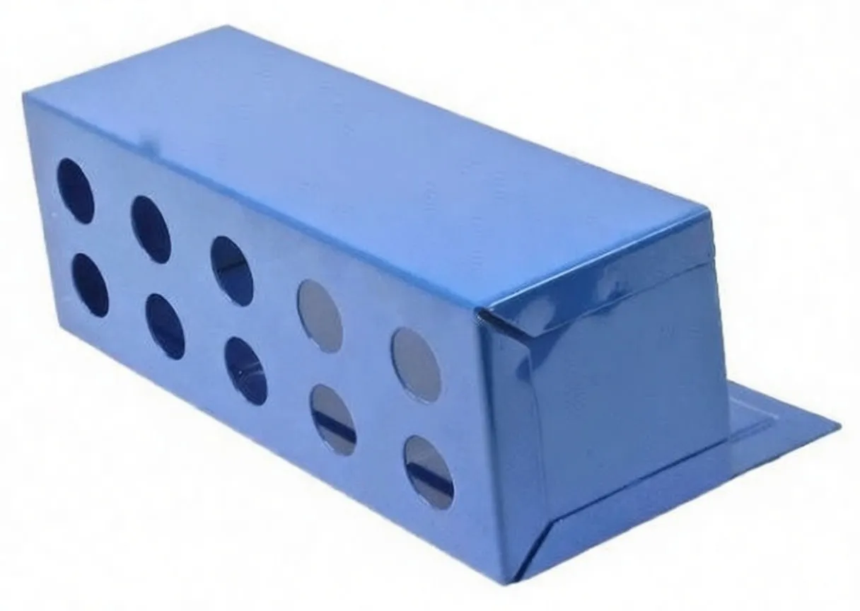 Angled view of blue metal tool box with ASTA A-MTB logo and two rows of circular side cutouts for tool storage.