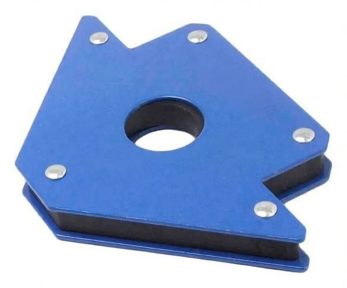 Angled side/top view of blue ASTA A-MAG22 magnetic angle holder, showing central hole, black magnetic layer and corner screws.