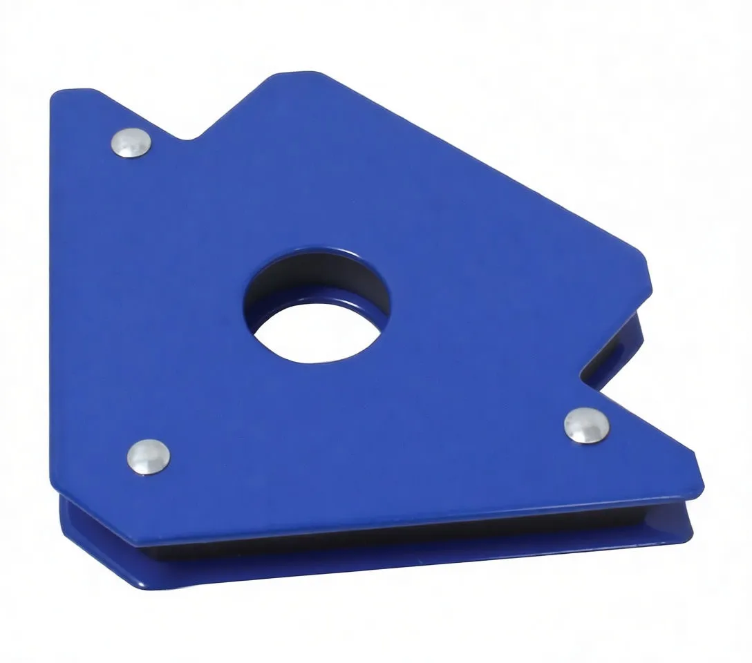 Side view of blue magnetic holder showing layered plates, black magnet strip, V-notch and central hole