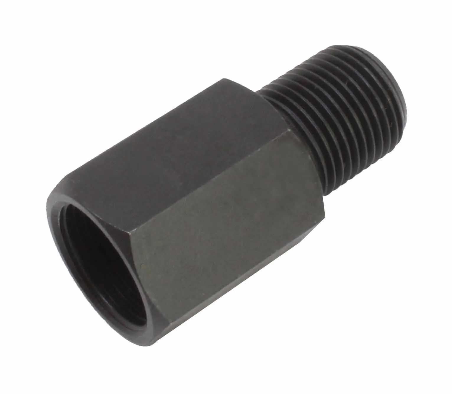 adapter laying on side showing open female-threaded end and male threaded shaft