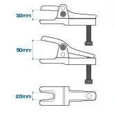 Line drawing diagram of a fork-style ball-joint puller with three views and dimension labels 30mm, 50mm, 20mm