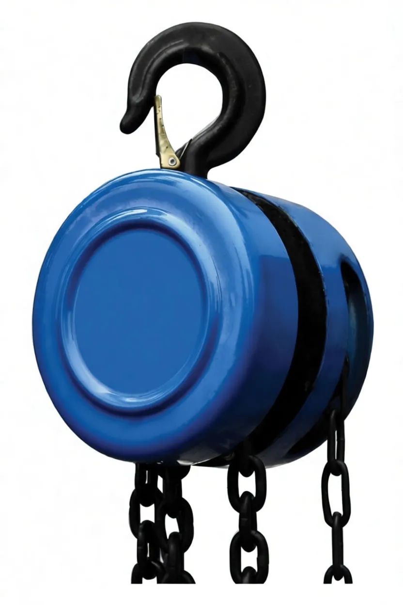 Blue round hoist housing with 'saTra' label, CE marking, top hook and chains