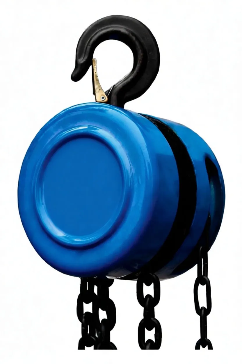 Close-up of heavy black load hook with yellow safety latch and surrounding chains