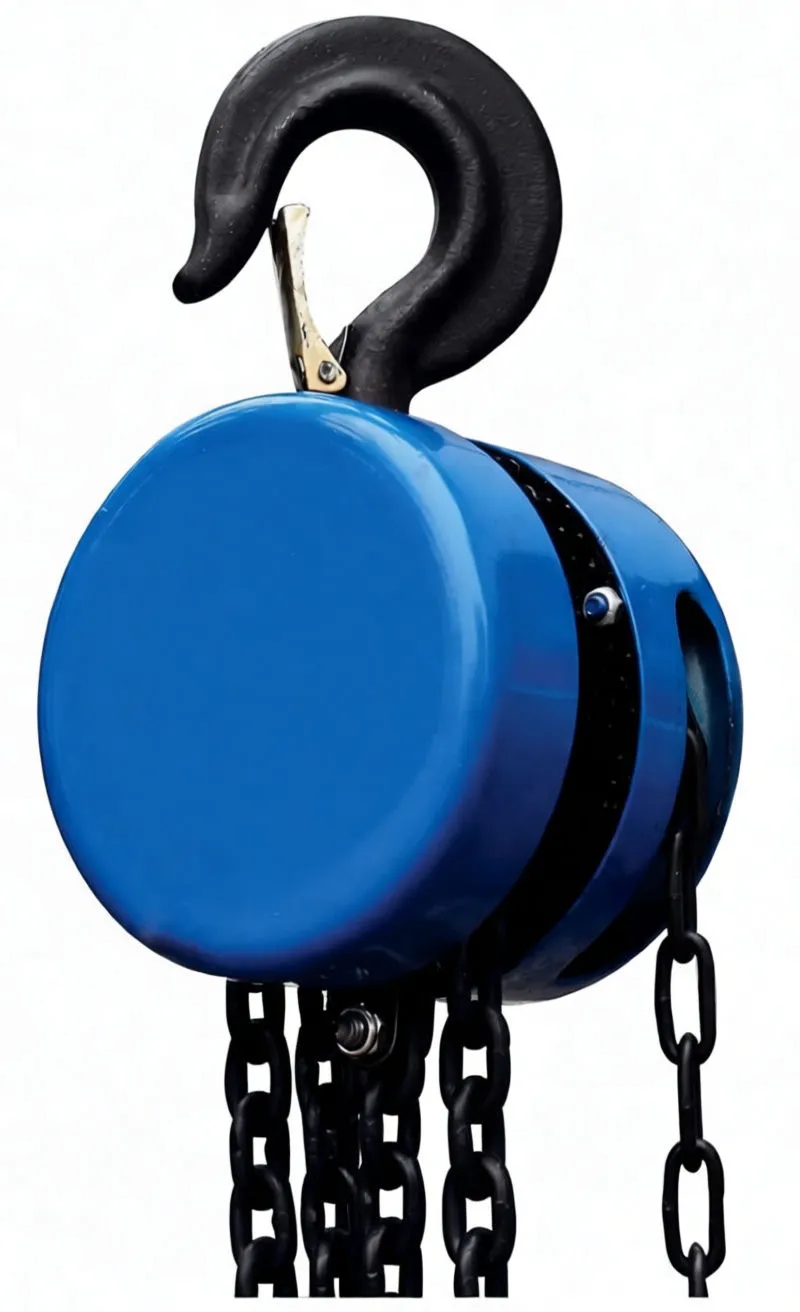 Full vertical view of a blue chain hoist with long hand chain and multiple load chains hanging down from the hoist body.