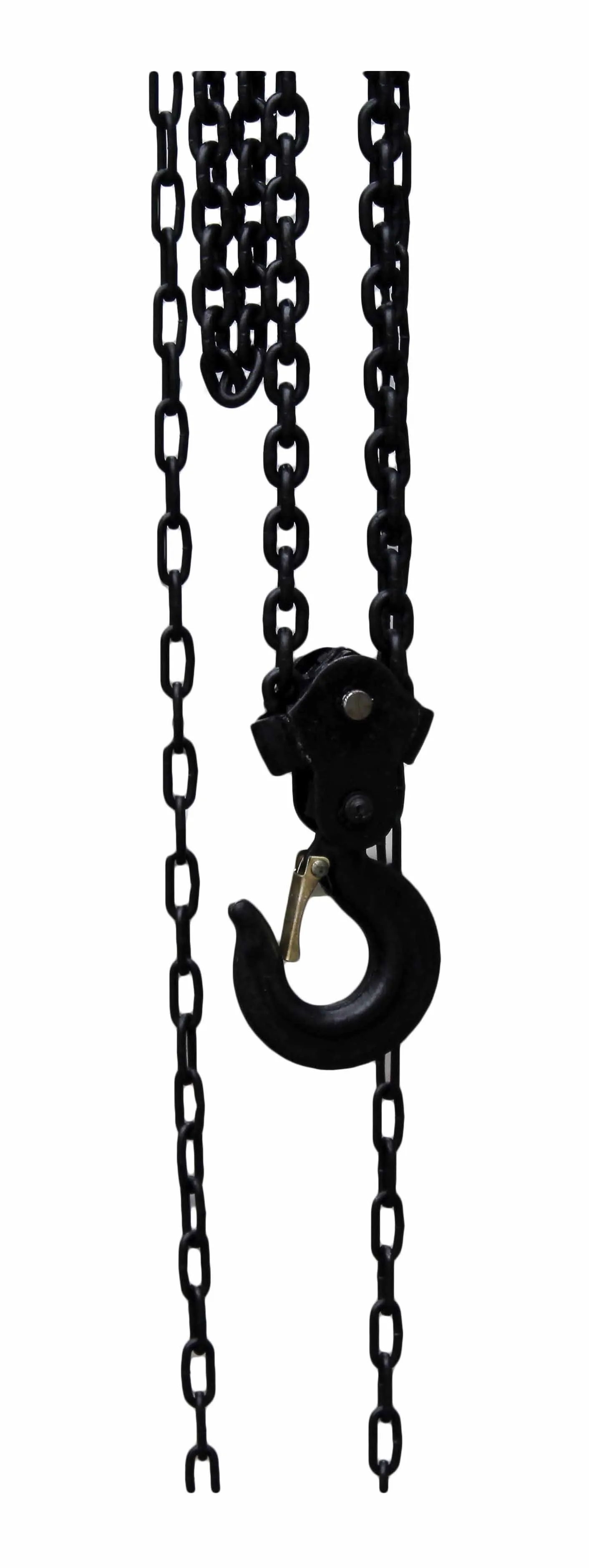 Close-up of lower block and load hook assembly with safety latch, pulley block and multiple black chains.