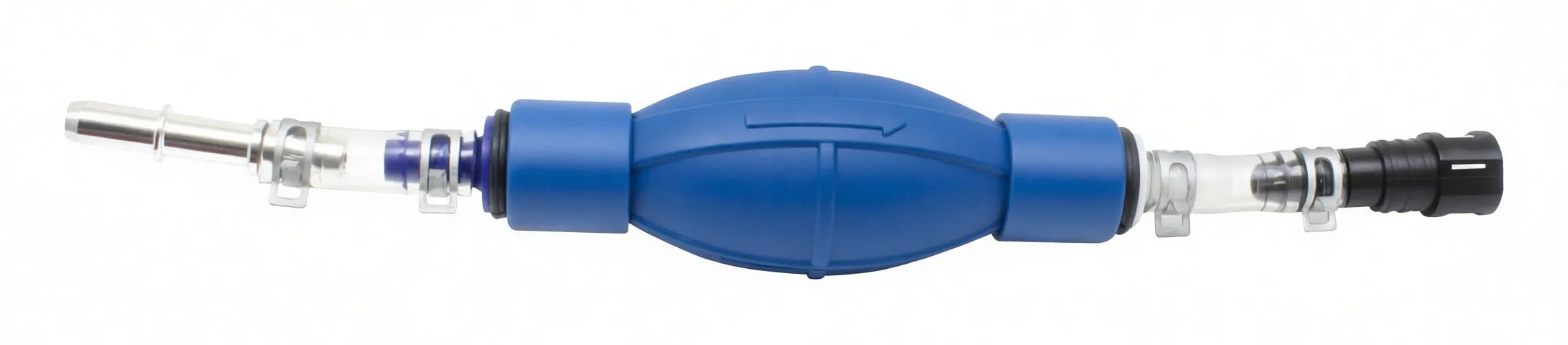 Top-down full-length image of a diesel deaeration pump with black central bulb, blue collars labeled 'ASTA A-WH101A', clear tubing, metal barbs and black end connector.