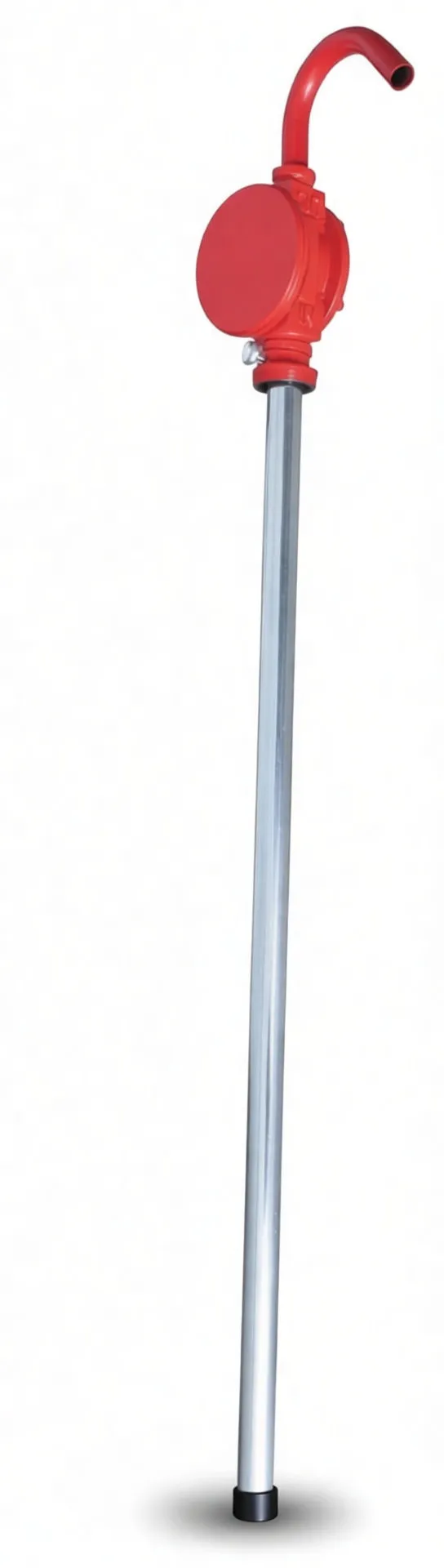Full-length red rotary barrel pump with curved spout, crank handle, long metal suction tube and black strainer foot; no visible markings