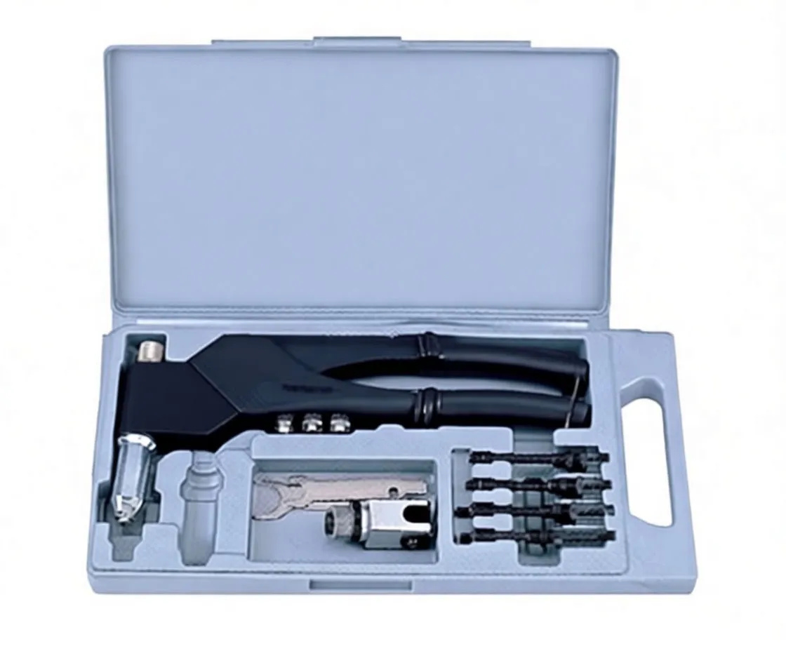 Hand riveter and assortment of nosepieces and adapter stored in a gray molded carrying case