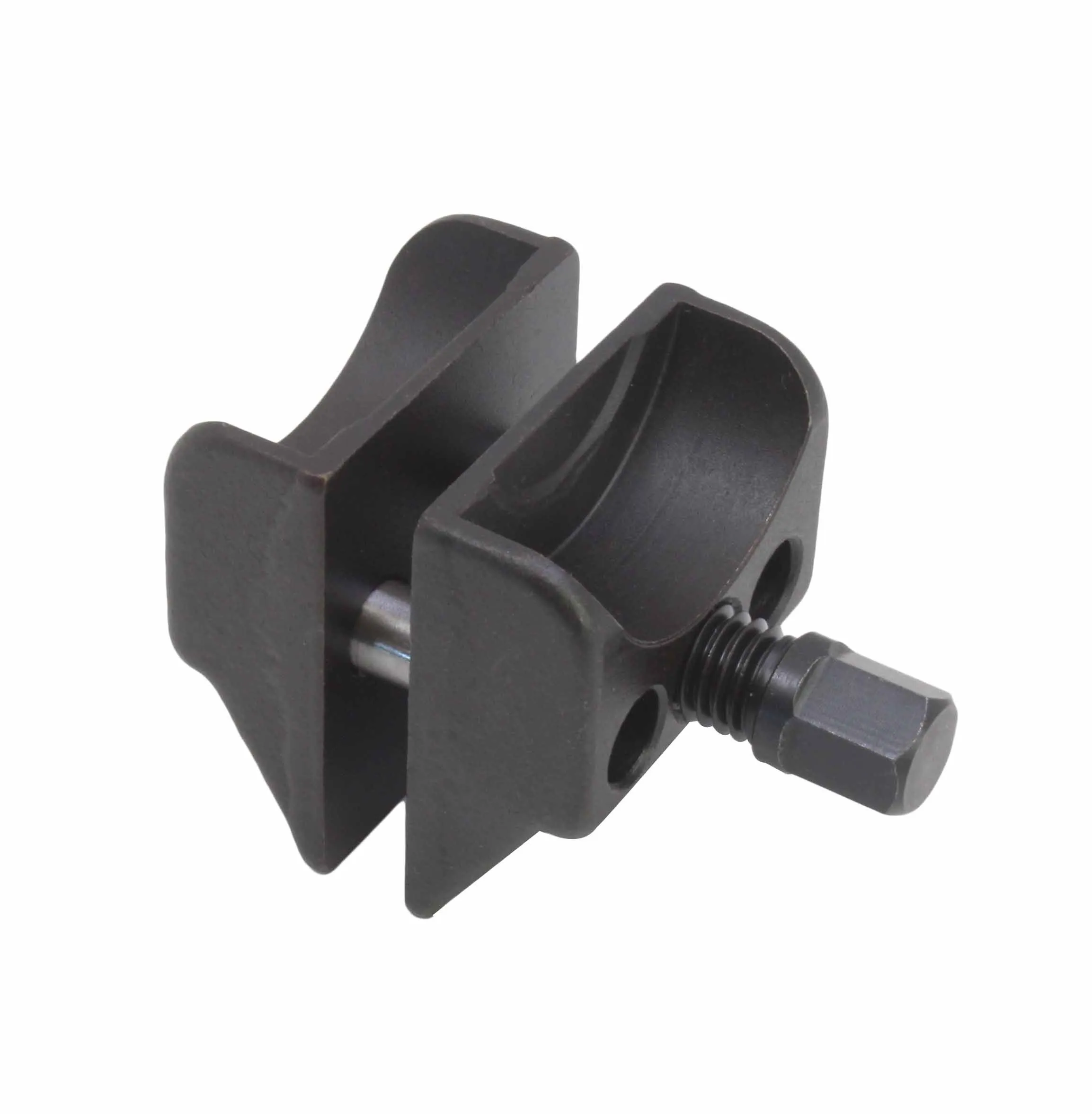 Side view of split jaws with concave interior, exposed cross pin and hex forcing bolt