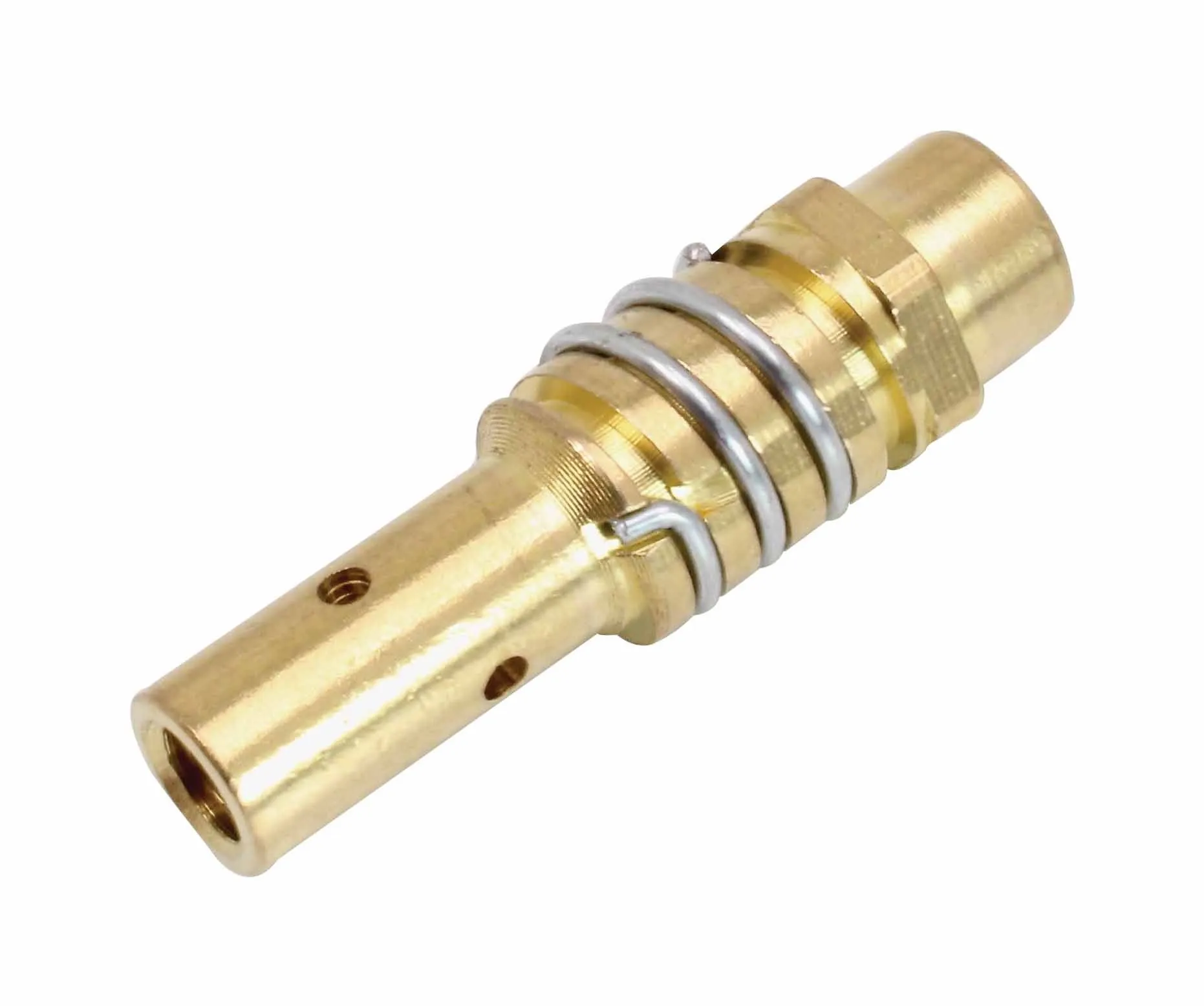 Close-up of a single brass welding tip holder with hexagonal collar, coiled spring and small holes