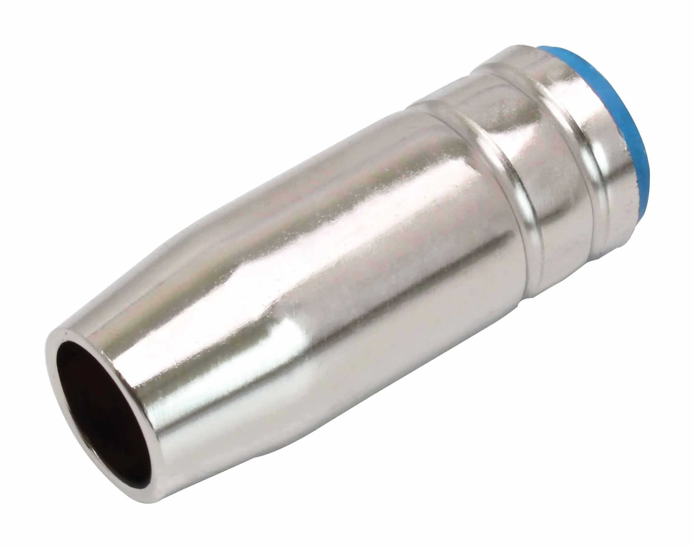 Single tapered silver welding nozzle MB25 with blue rear insulator ring and hollow dark bore