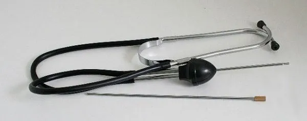 stethoscope with chrome ear tubes and black chestpiece, with detached metal probe next to it