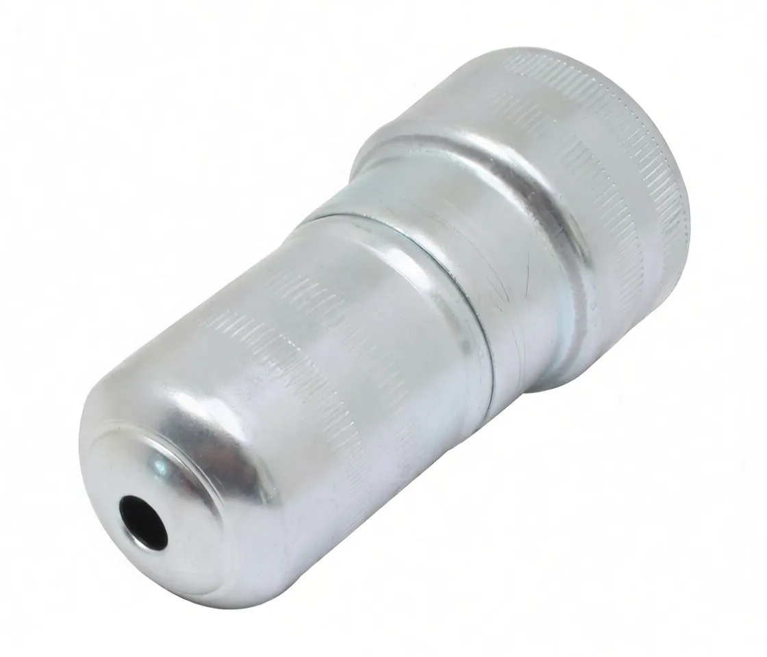 Angled shot of assembled metal case battery brush with knurled grip, seam and small rear hole