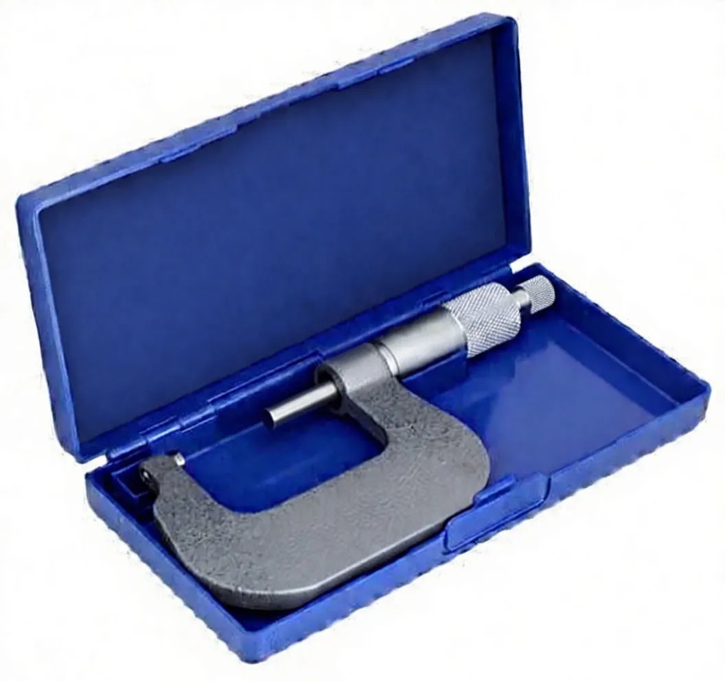 Flat view of Satra metric micrometer showing graduated thimble, spindle, measuring faces, and separate cylindrical calibration piece