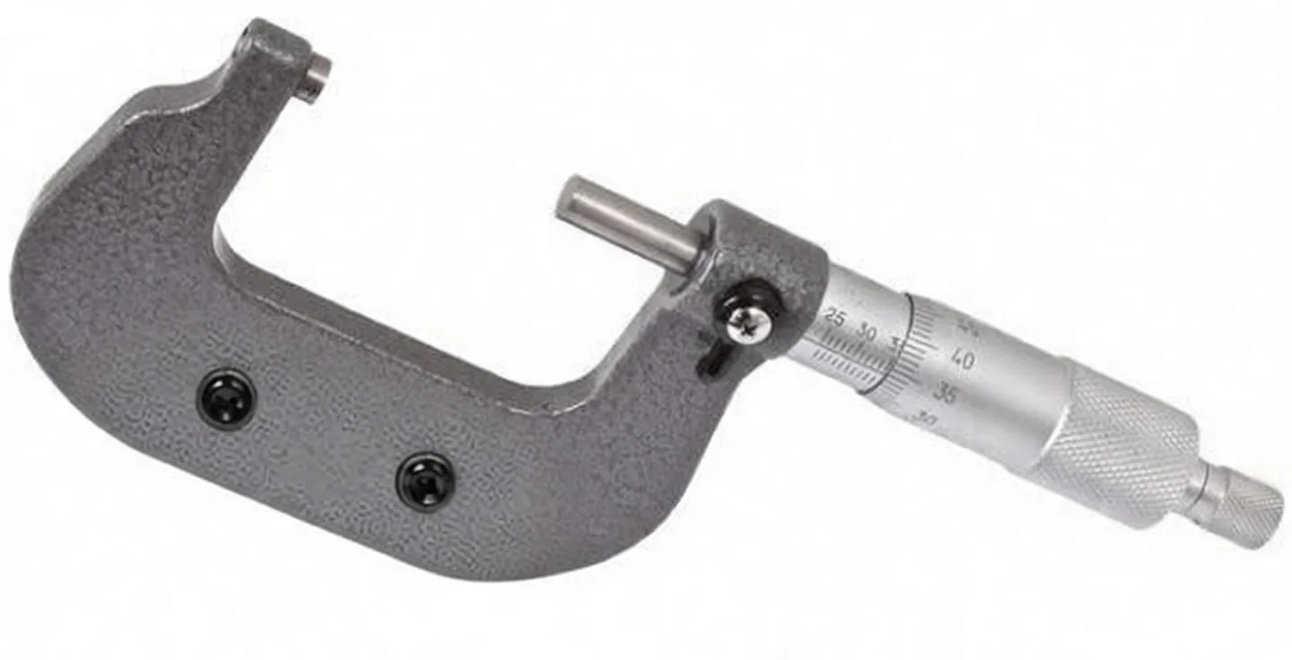 Angled view of Satra metric micrometer showing knurled thimble, graduated sleeve, C-frame, and polished spindle/anvil faces