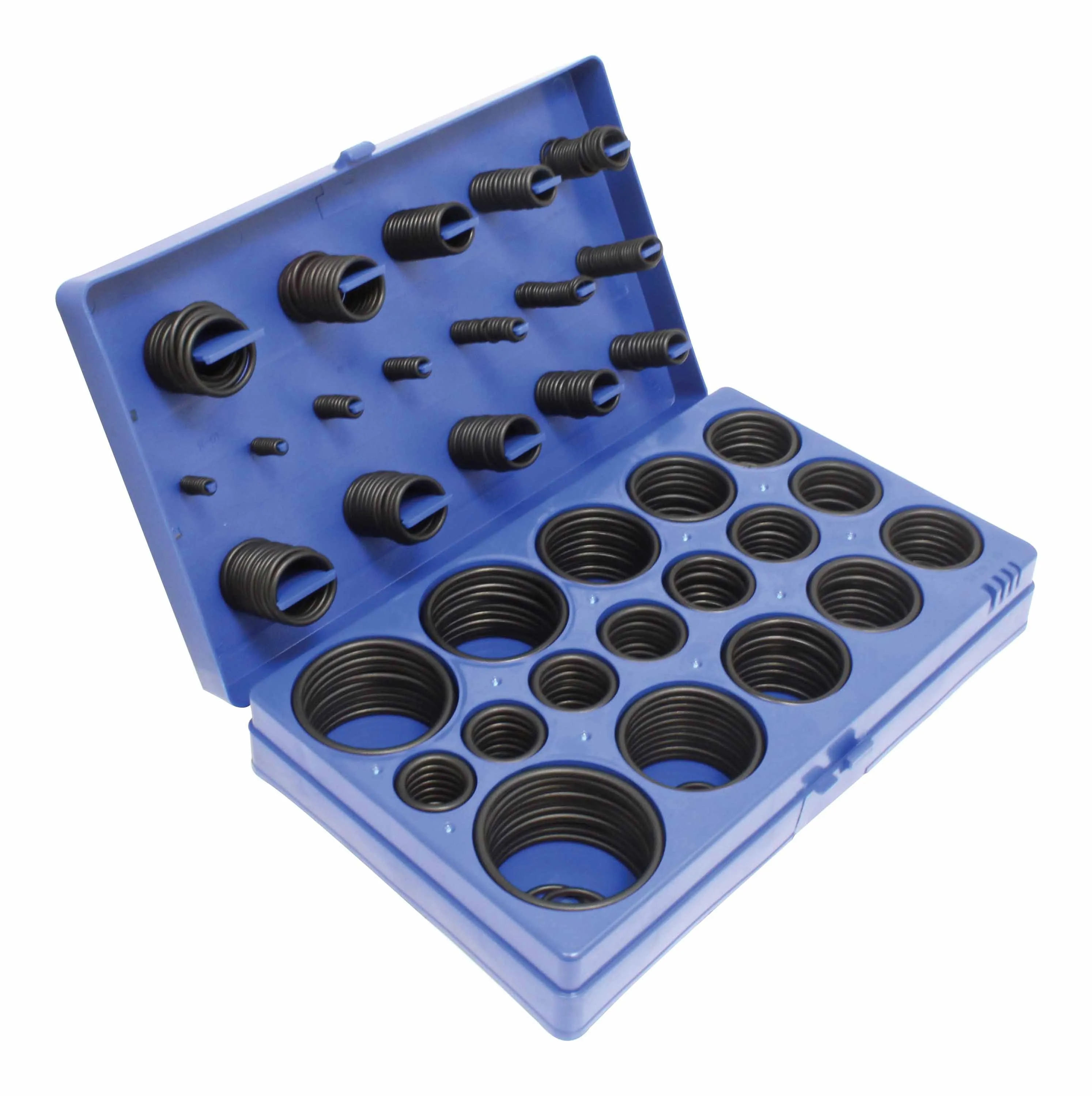 Angled open case with organized stacks of black O-rings on pegs and in tray wells