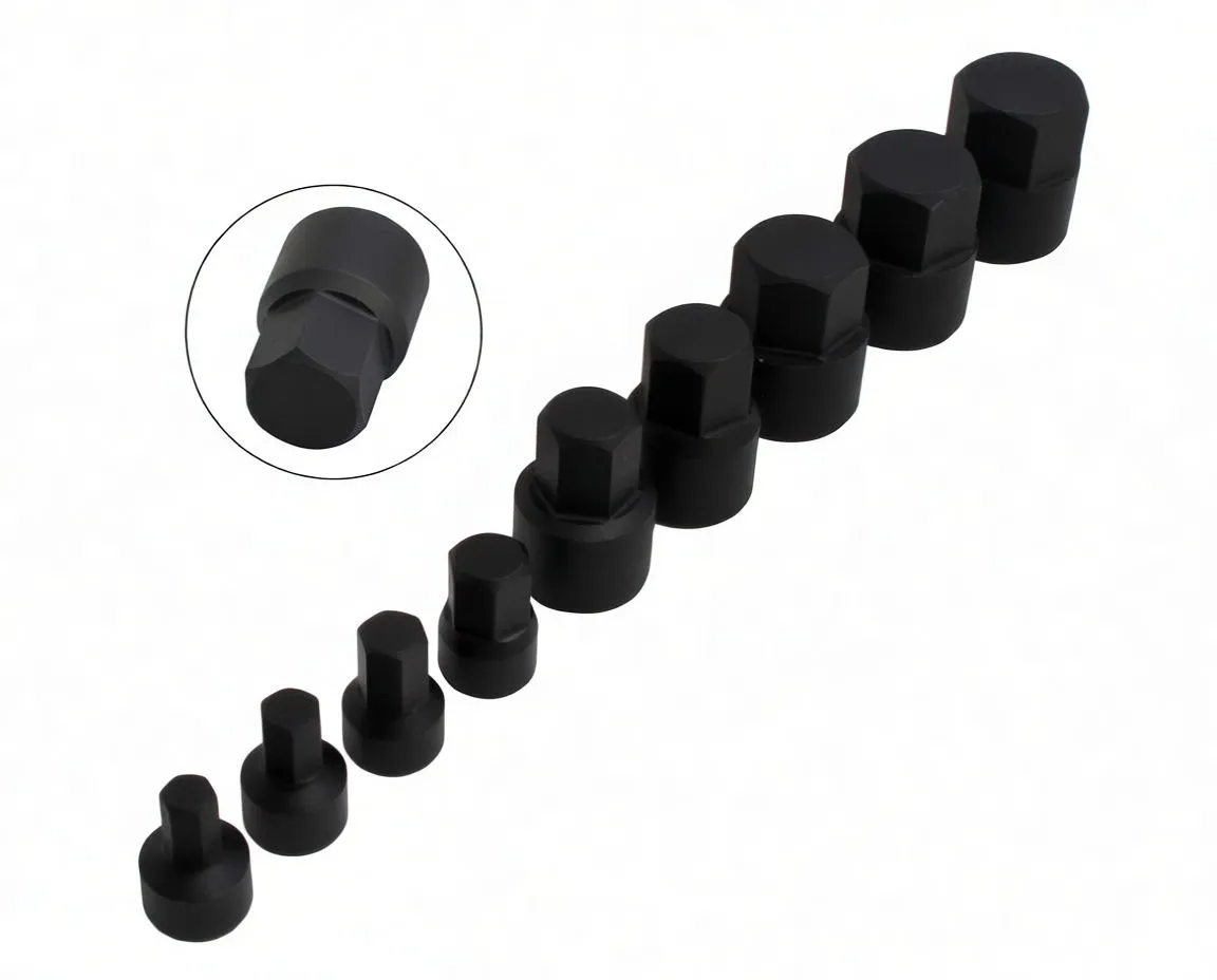 Stubby impact hex bit sockets in a row with a close-up inset showing 'S2 14mm' marking and hex tip