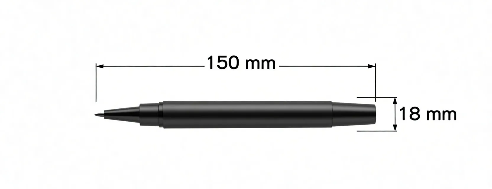 Silhouette diagram of pen-style handpiece with dimensions 150 mm length and 18 mm diameter