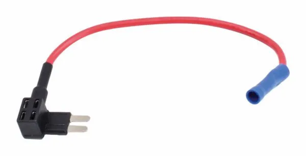 Side view of micro fuse holder with two metal prongs, red wire and blue connector