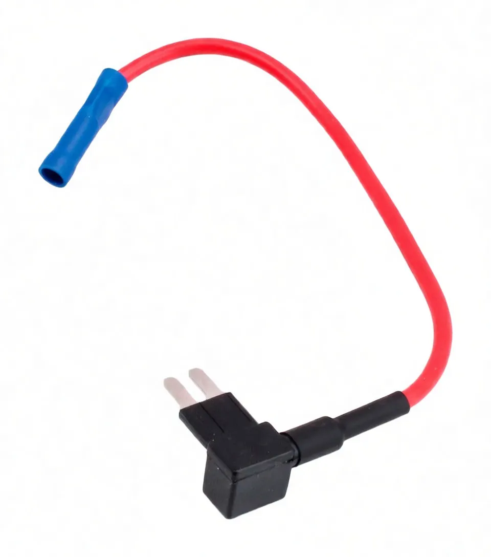 Micro 2 fuse holder angled view with visible blade terminals, red wire and blue insulated female connector, and printed heat-shrink marking