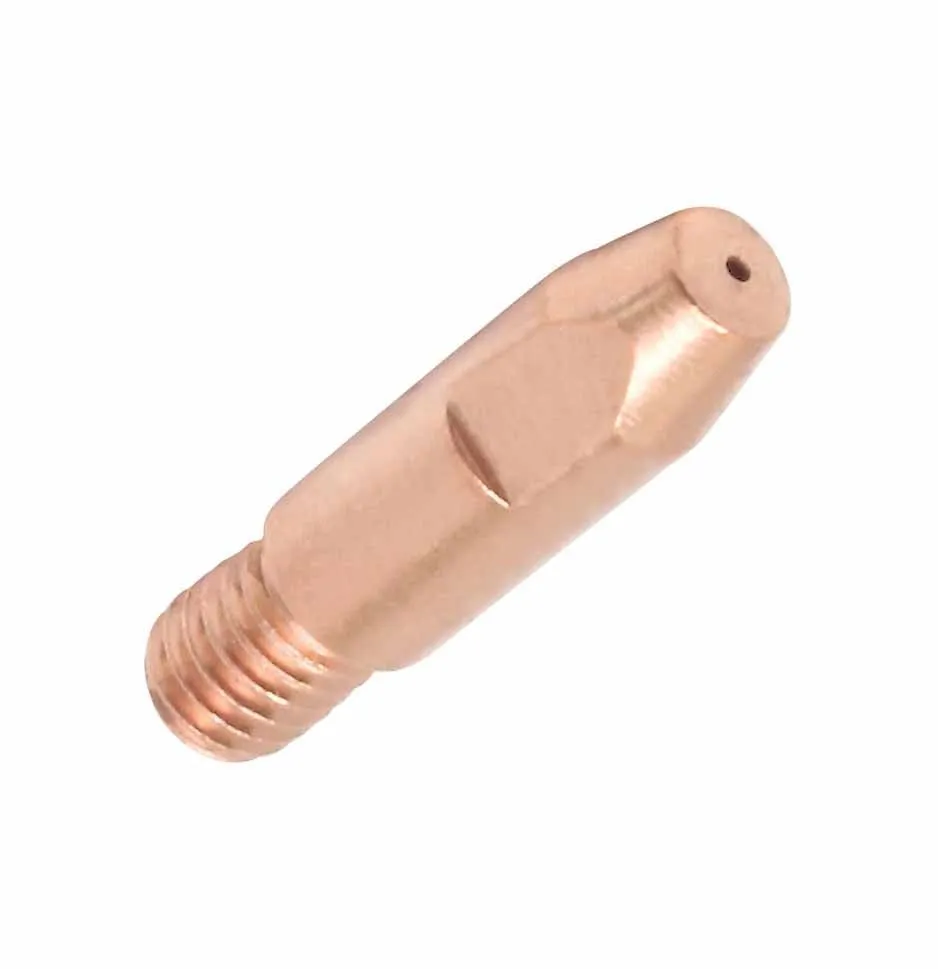 Angled view of copper welding tip with visible bore, threads and flat wrench surface
