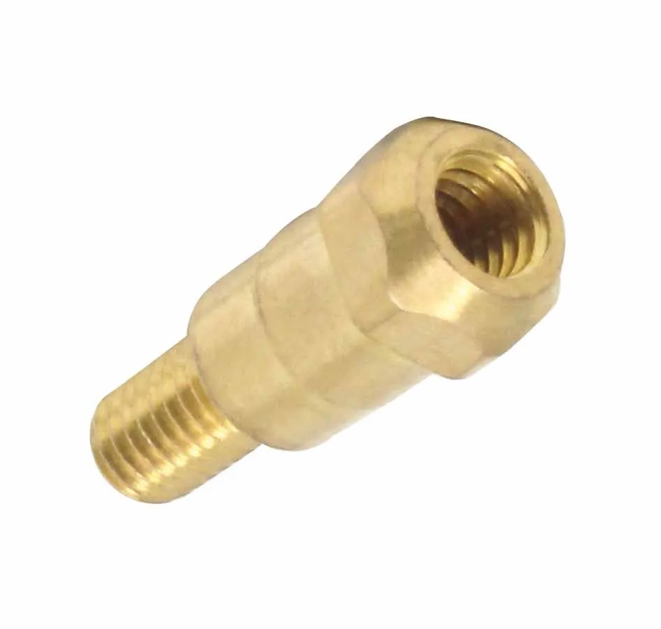 Angled shot of brass connector showing hexagonal female end, cylindrical body and male threaded stud