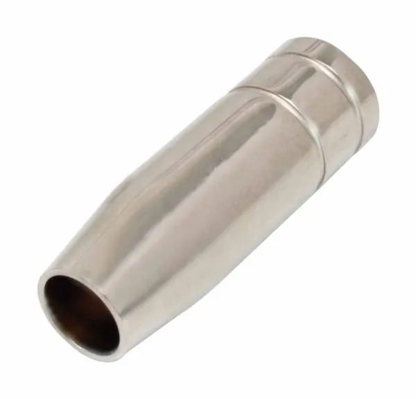 Single polished metal welding nozzle with tapered outlet, open circular tip and stepped collar for torch mounting.